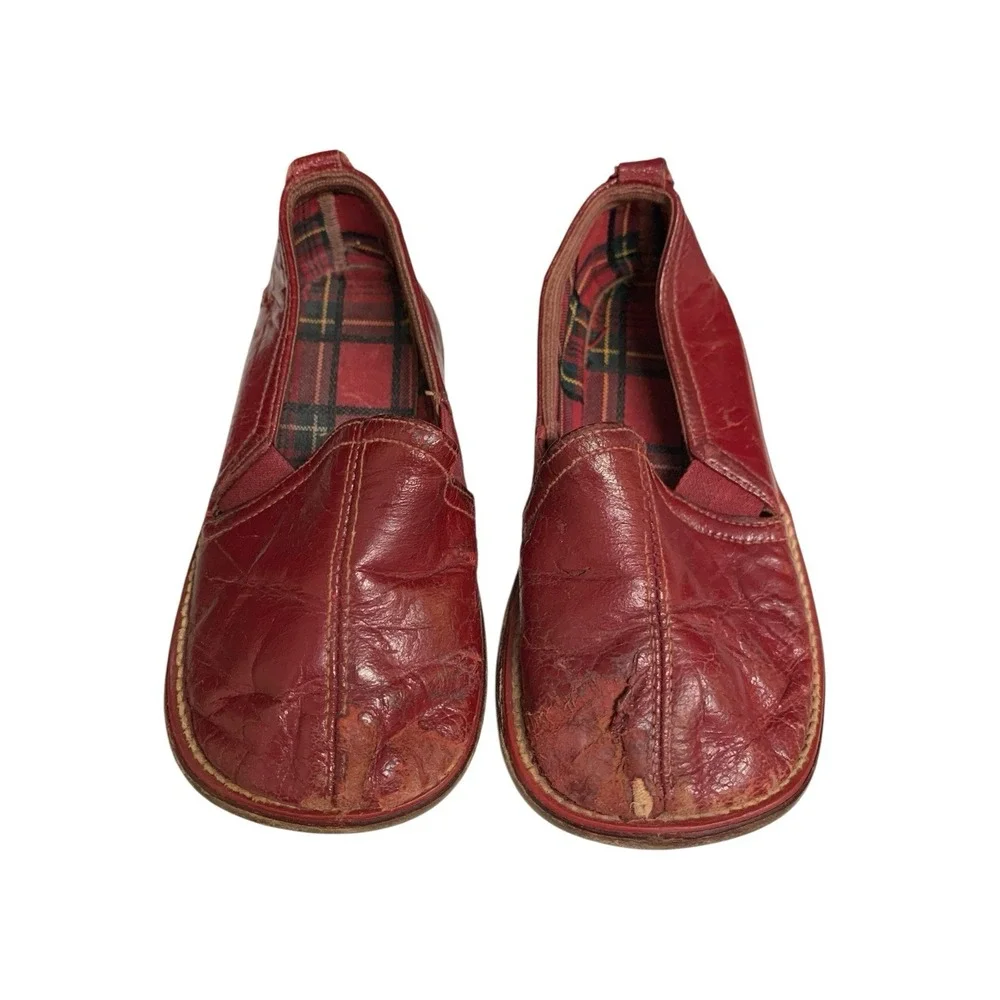 Vintage Red Leather Toddler Baby Shoes Slippers Plaid Lining Slip On USA